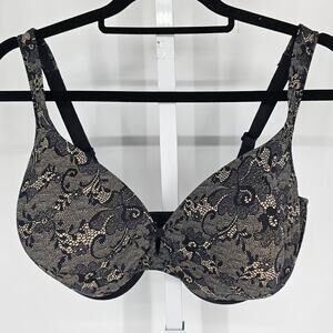 Bali Womens Sz 42DD Lightly Libed T Shirt Bra Black Beige Faux Lace Print